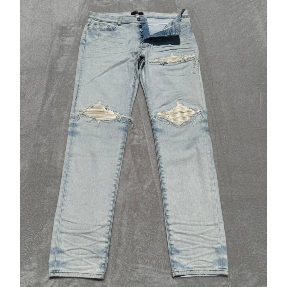 Amiri MX1 Straight Jeans Mens 36x36 Blue Wax Denim Distressed Stretch USA NWOT